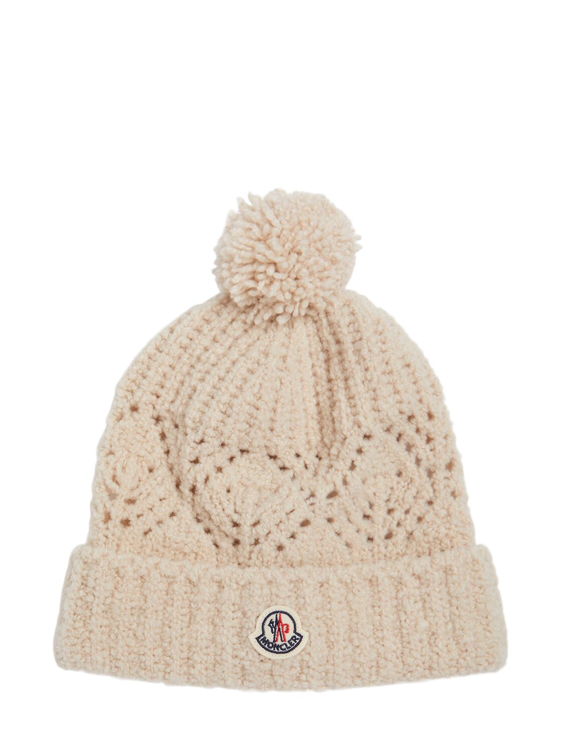 Moncler Virgin Wool Blend Beanie W/ Pom Pom In White