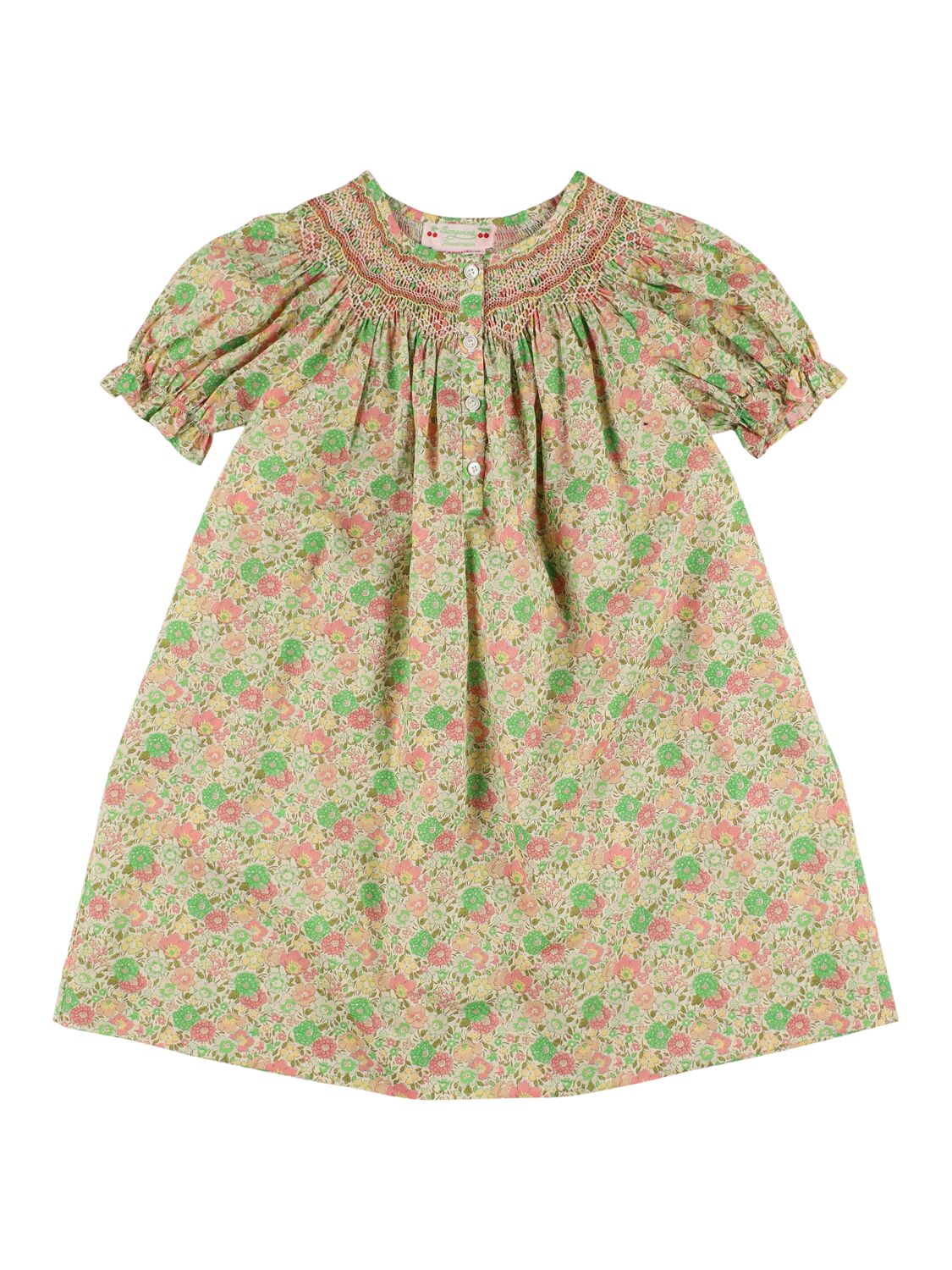 Bonpoint Printed Puff Sleeve Cotton Dress In Green