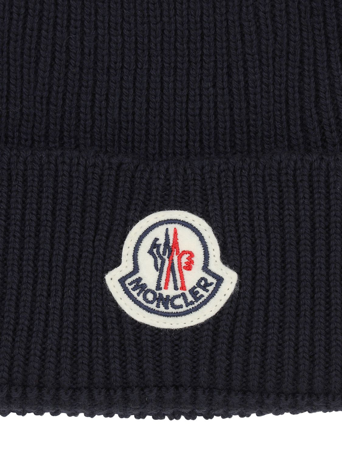 Shop Moncler Logo Wool Rib Knit Beanie In Navy