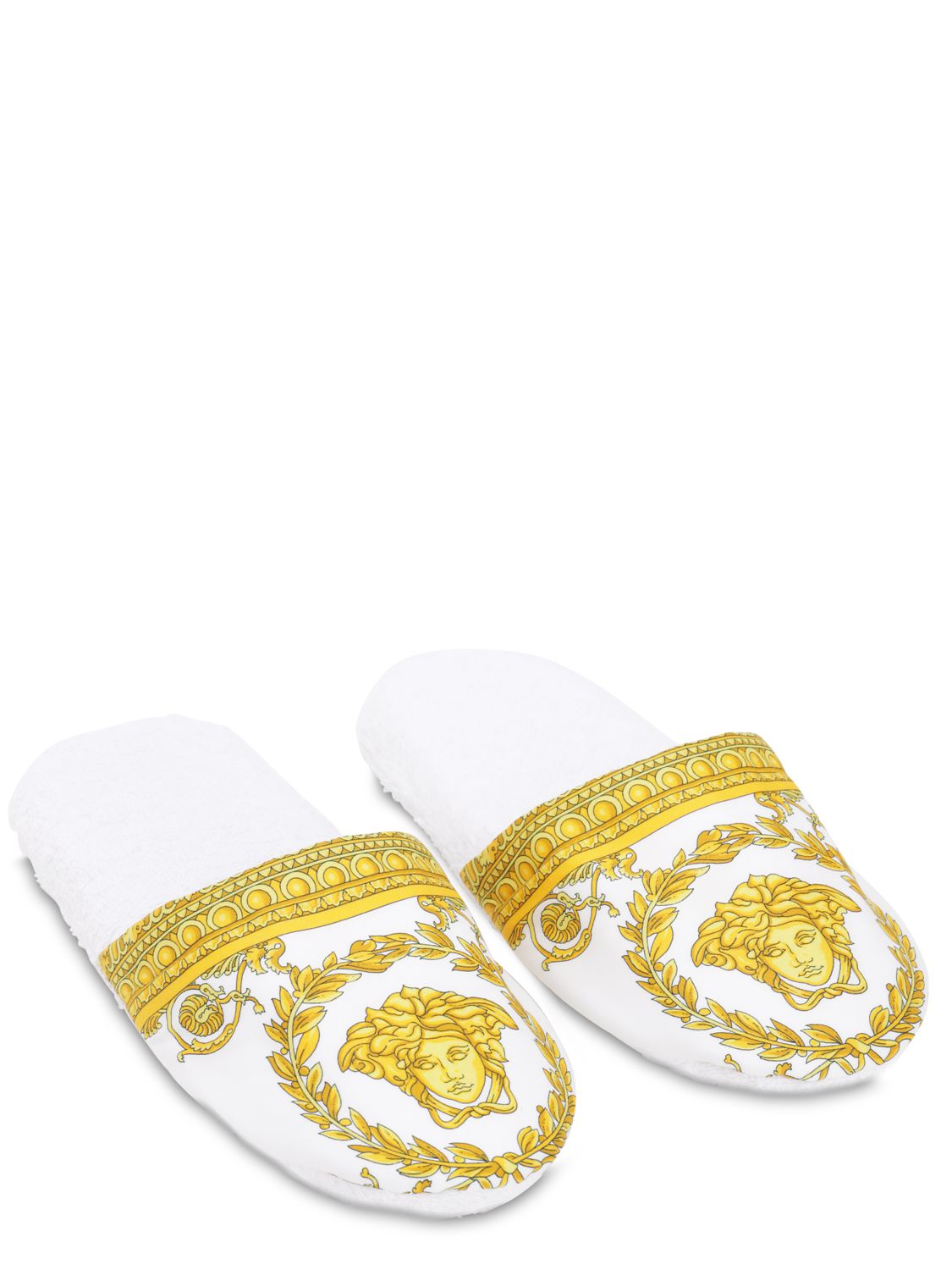Versace Barocco & Robe Cotton Slippers In White,gold