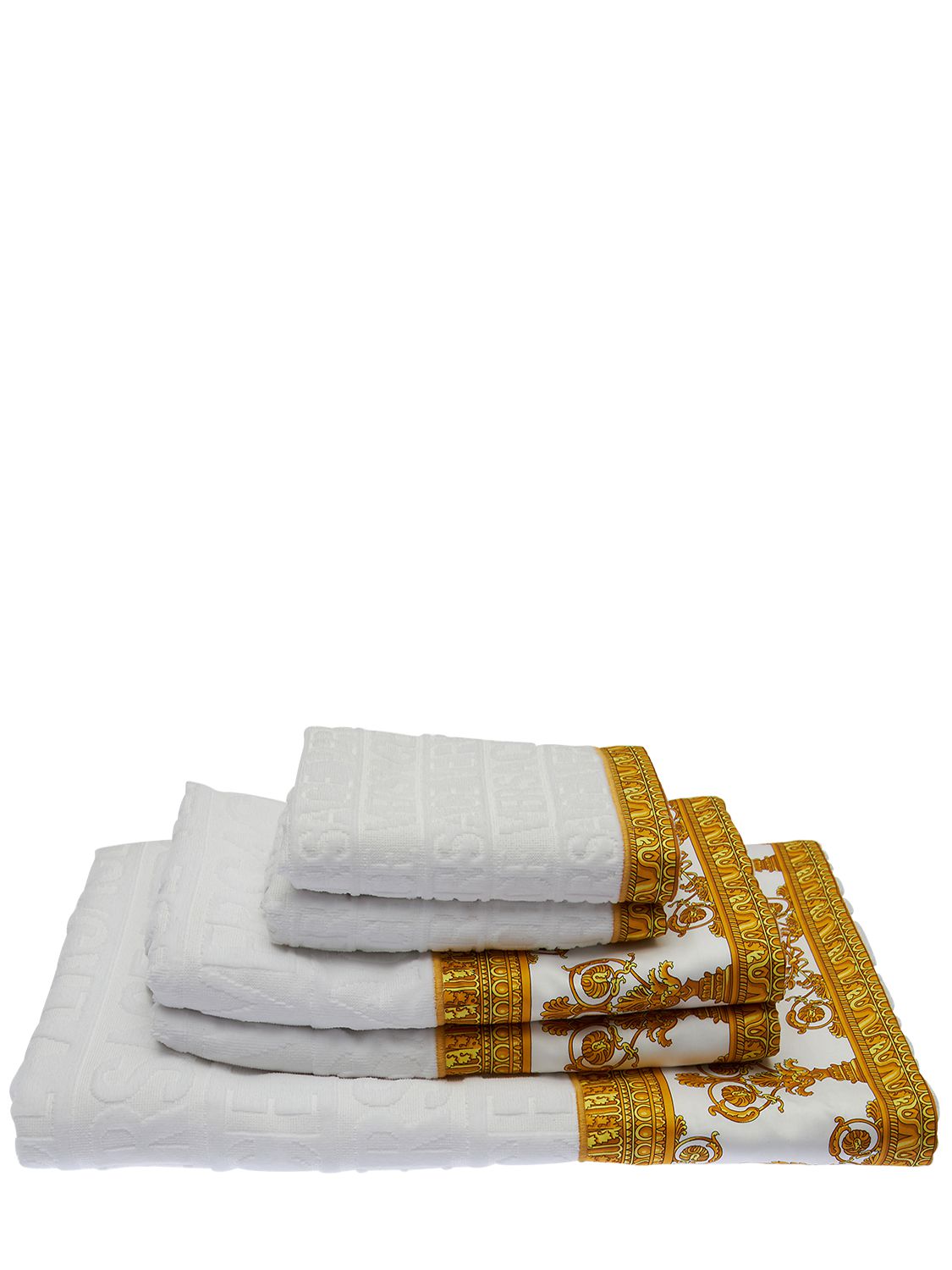 Versace Set Of 5 Barocco & Robe Cotton Towels In 白色,金色