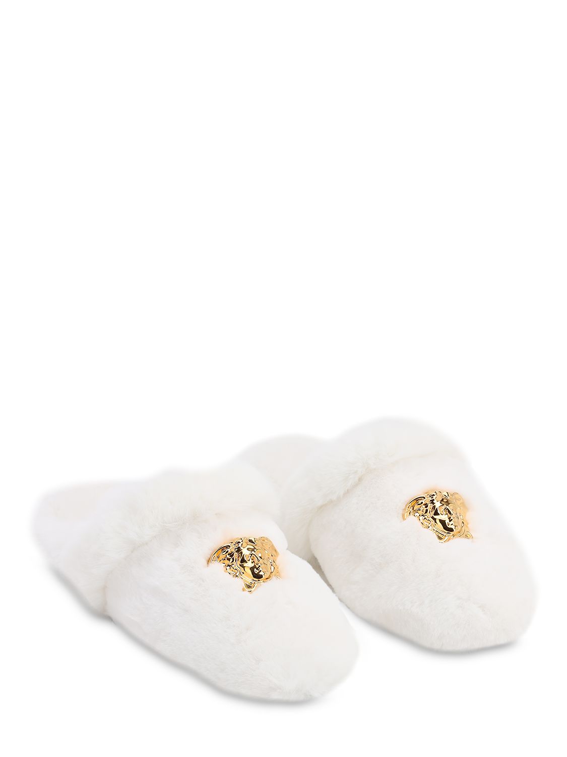 Versace Faux Fur Slippers With Three-dimensional Jellyfish Application In White,gold