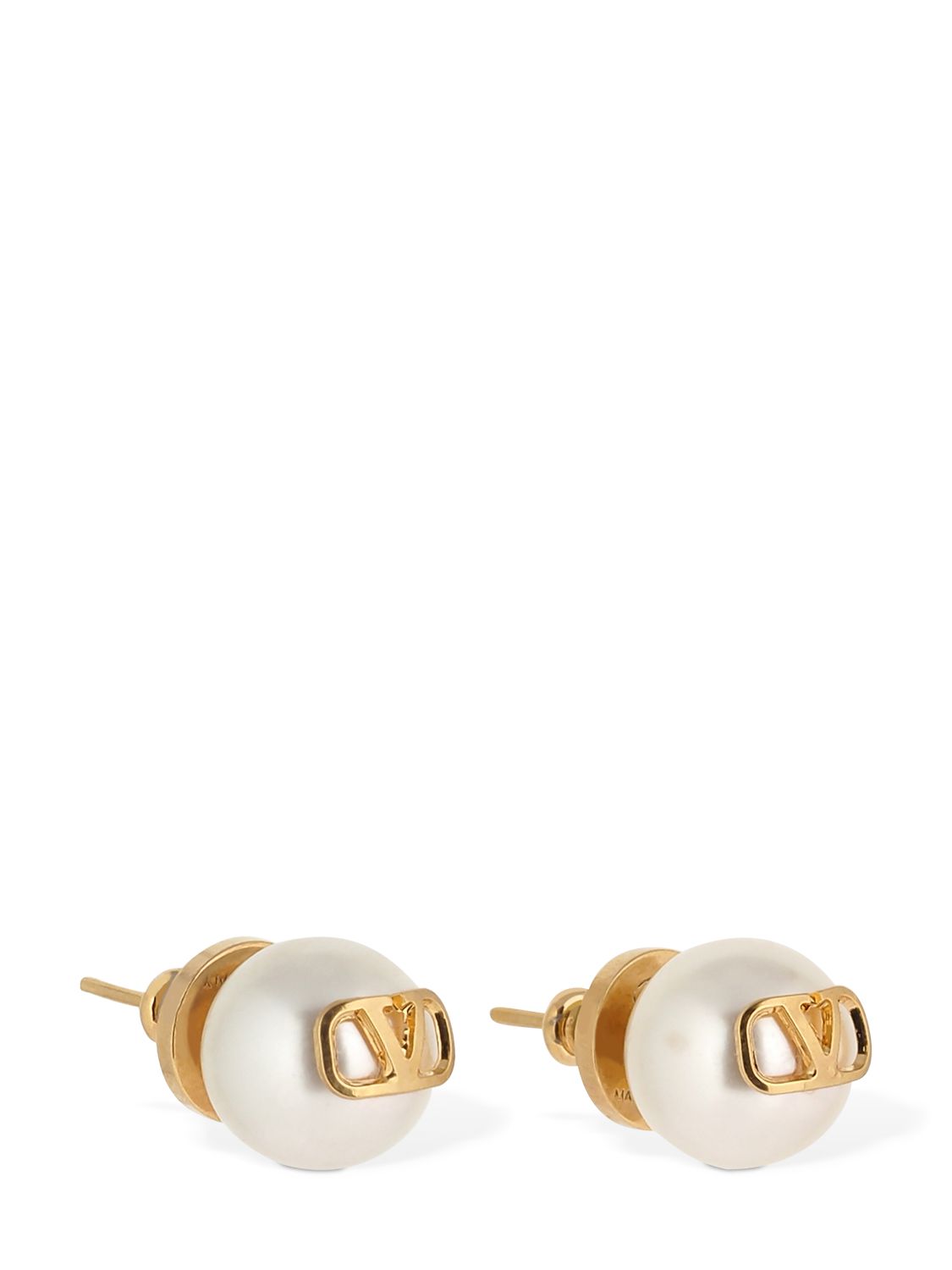 Shop Valentino V Logo & Faux Pearl Stud Earrings In Gold