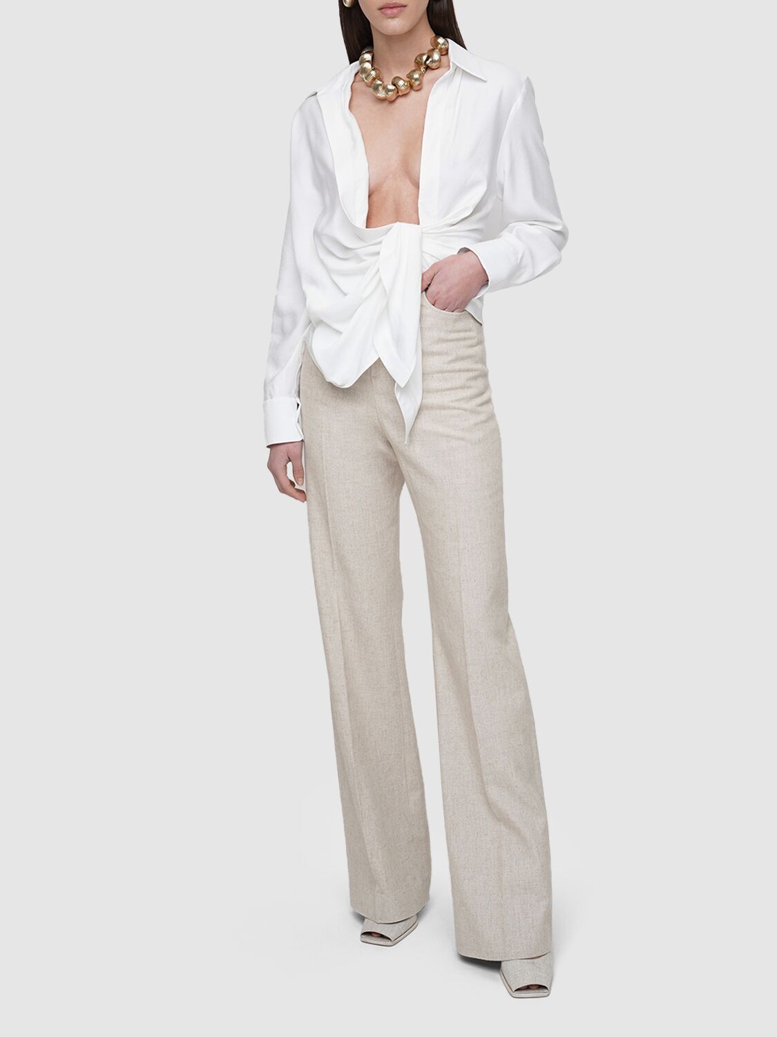 Jacquemus La Chemise Bahia Knotted Cotton Shirt In Ivory