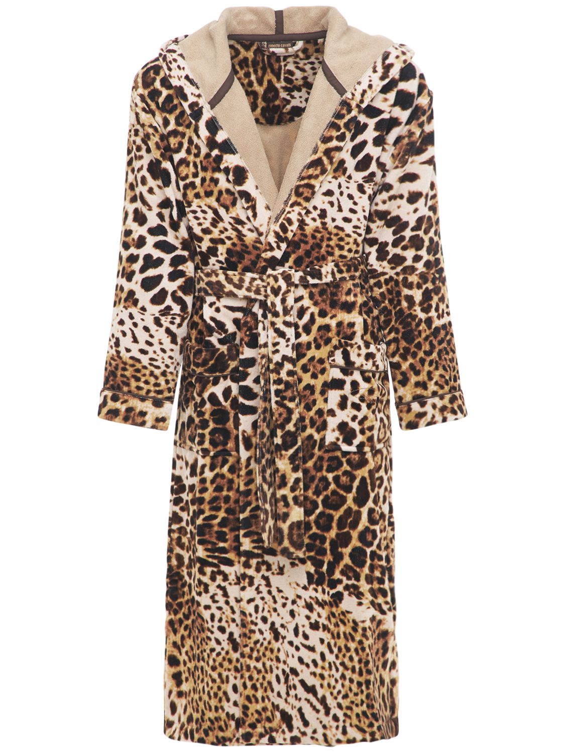 Roberto Cavalli Bravo Hooded Cotton Bathrobe In Brown