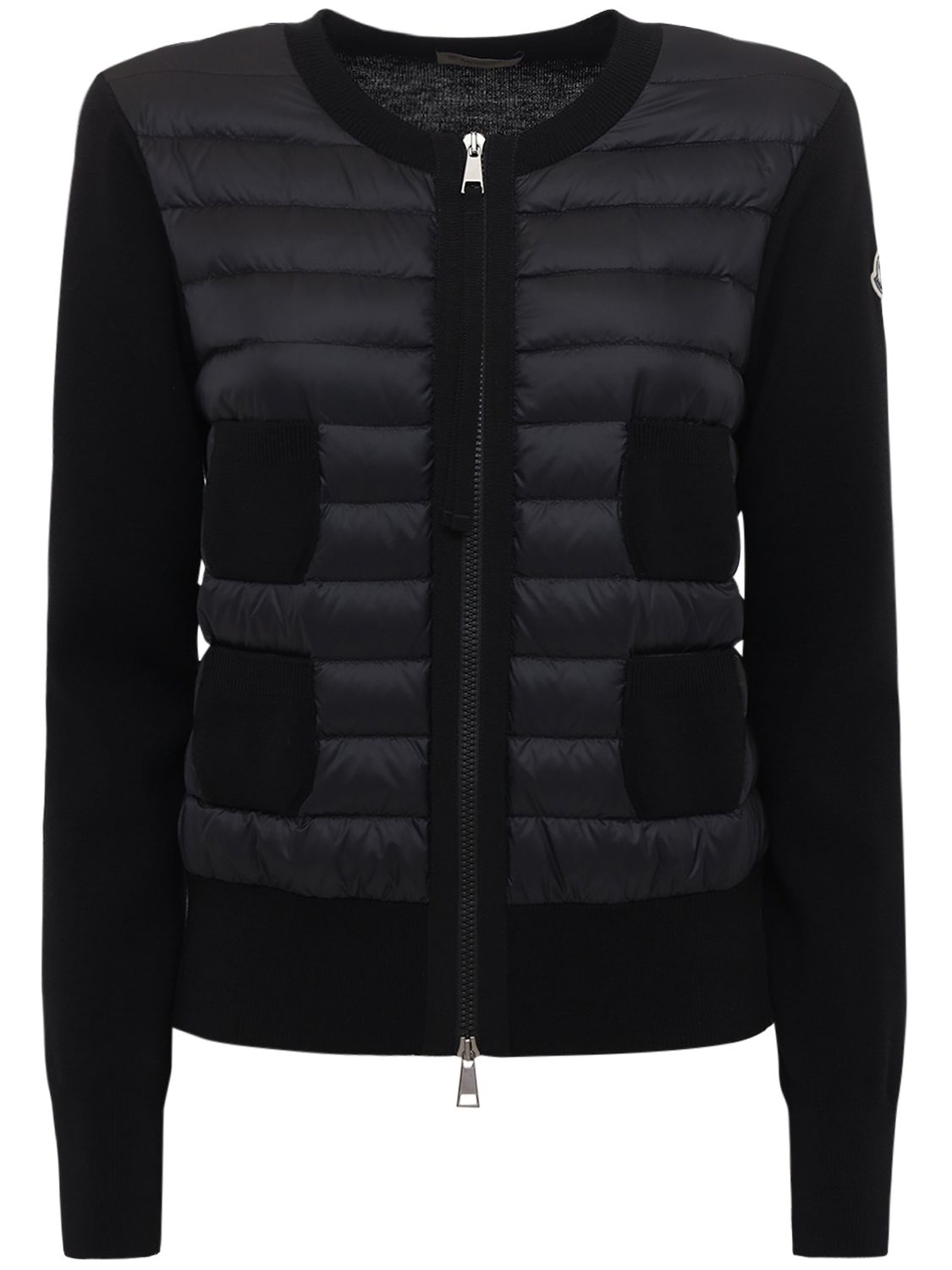 Moncler Padded Wool Blend Zip-up Cardigan In Black
