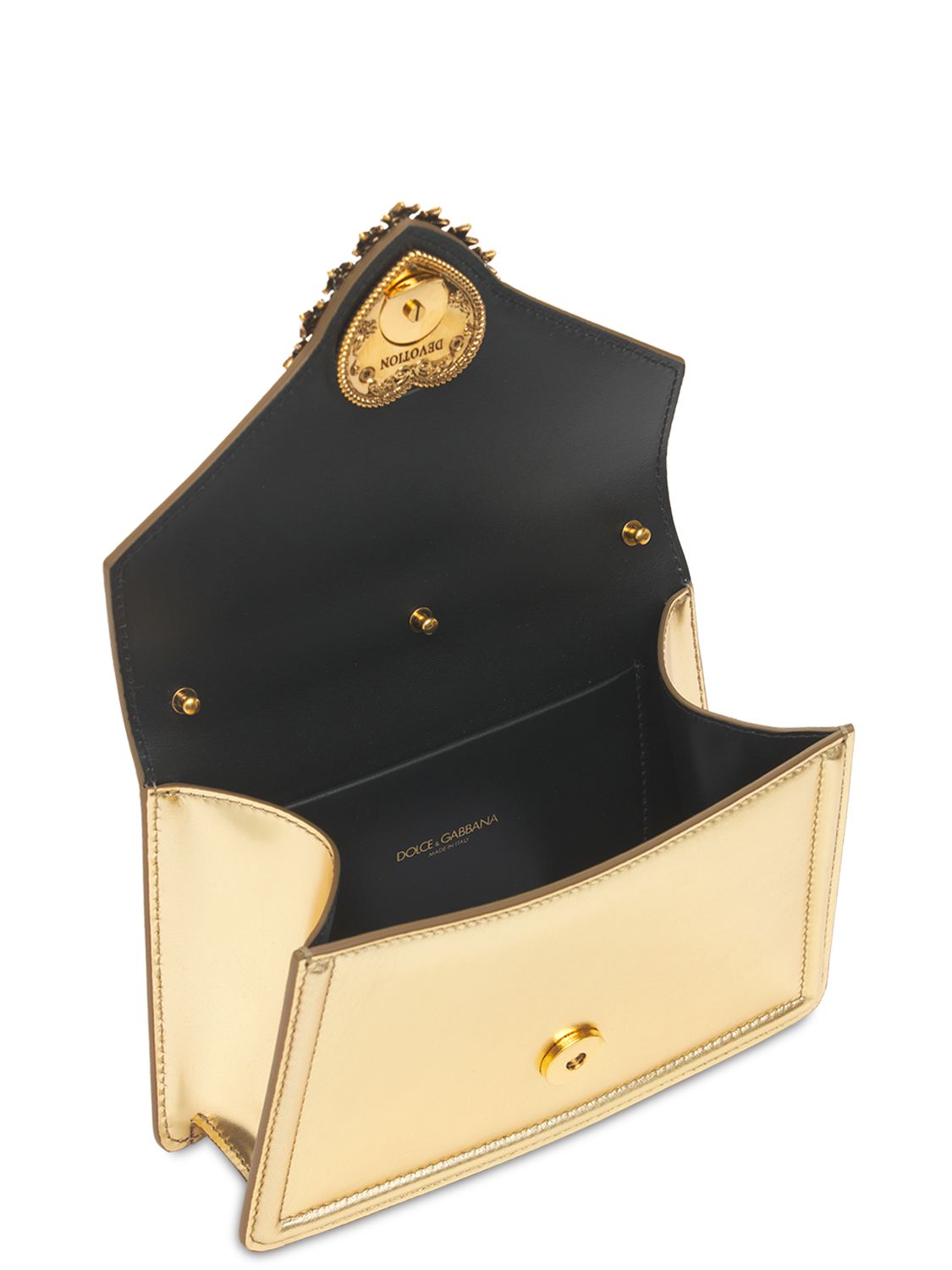 Shop Dolce & Gabbana Mini Devotion Laminated Leather Bag In Gold