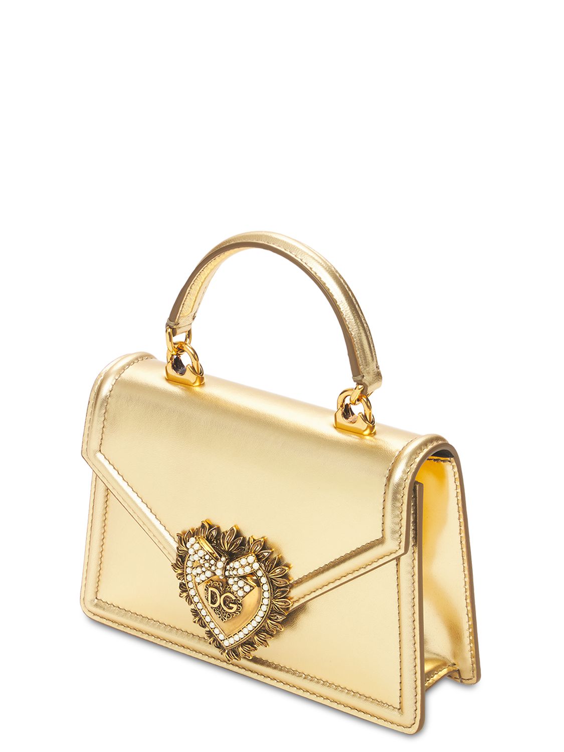 Shop Dolce & Gabbana Mini Devotion Laminated Leather Bag In Gold