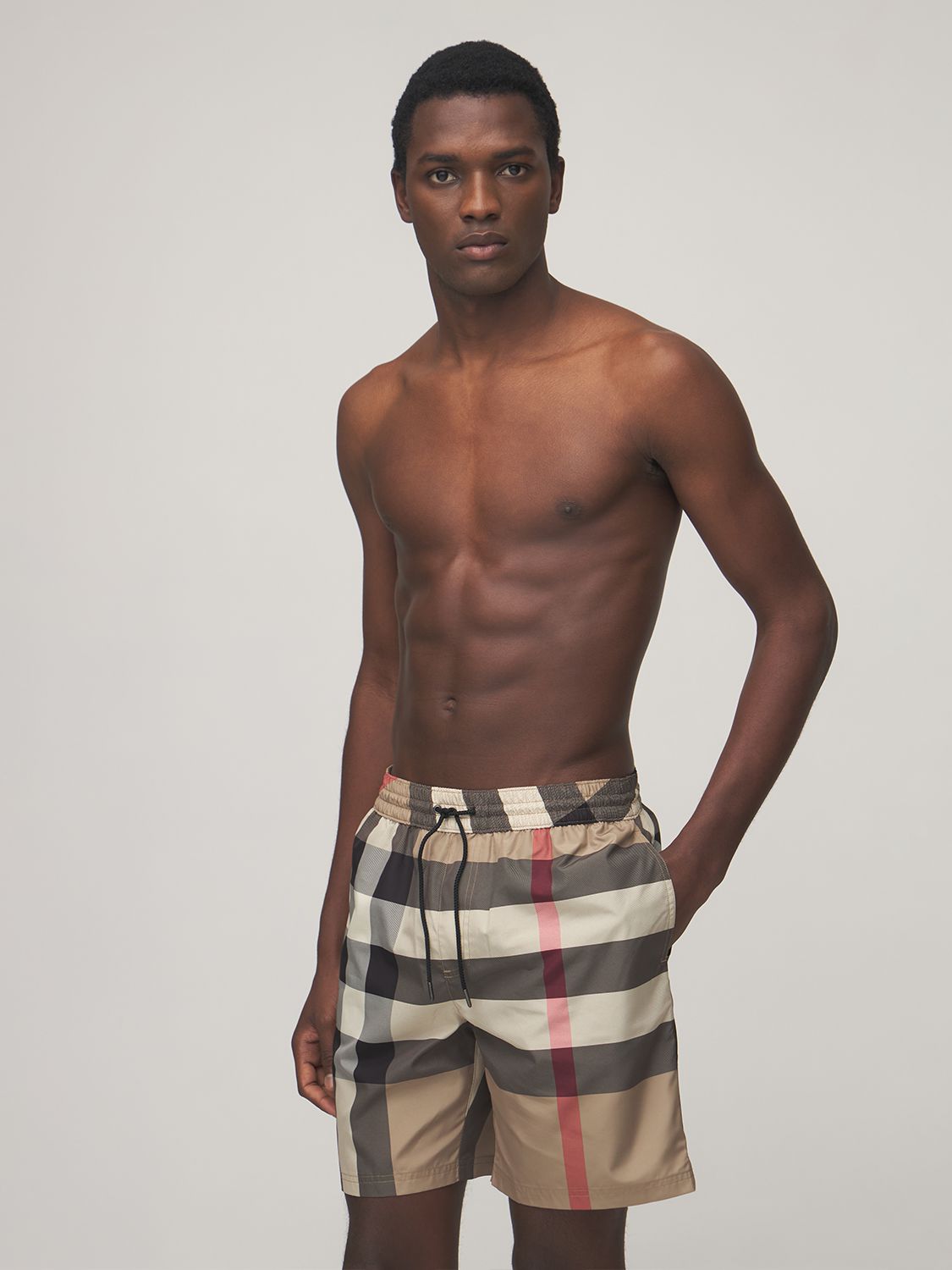 Shop Burberry Guildes Check Giant Tech Swim Shorts In Archive Beige