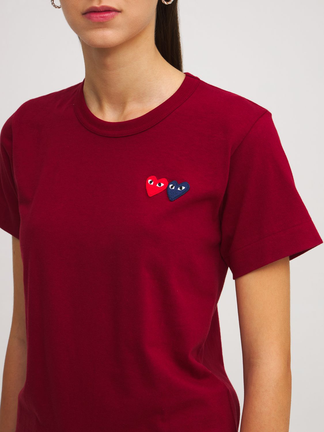 Shop Comme Des Garçons Play Embroidered Hearts Cotton T-shirt In Burgundy