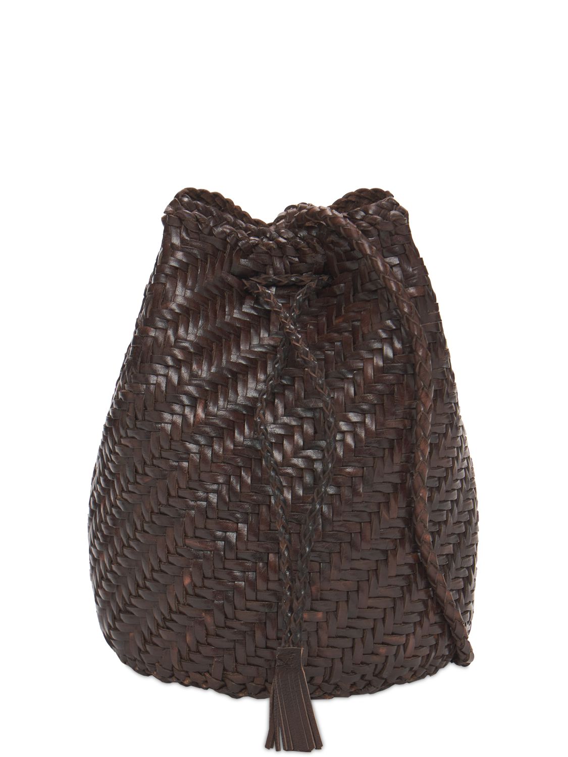 Pompom Doublej Woven Leather Basket Bag