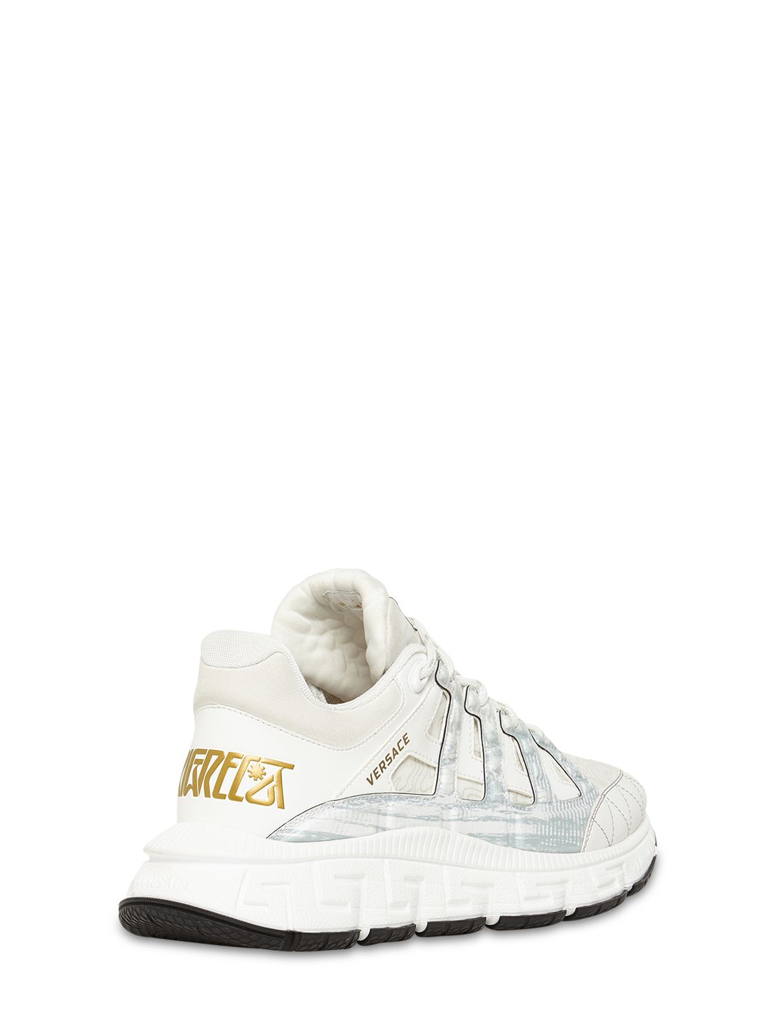 Shop Versace 40mm Tri Grecea Logo Print Sneakers In White,silver