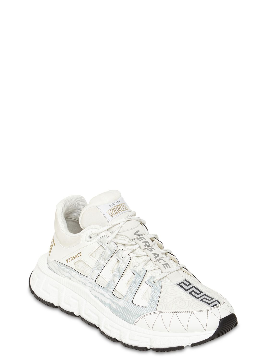 Shop Versace 40mm Tri Grecea Logo Print Sneakers In White,silver