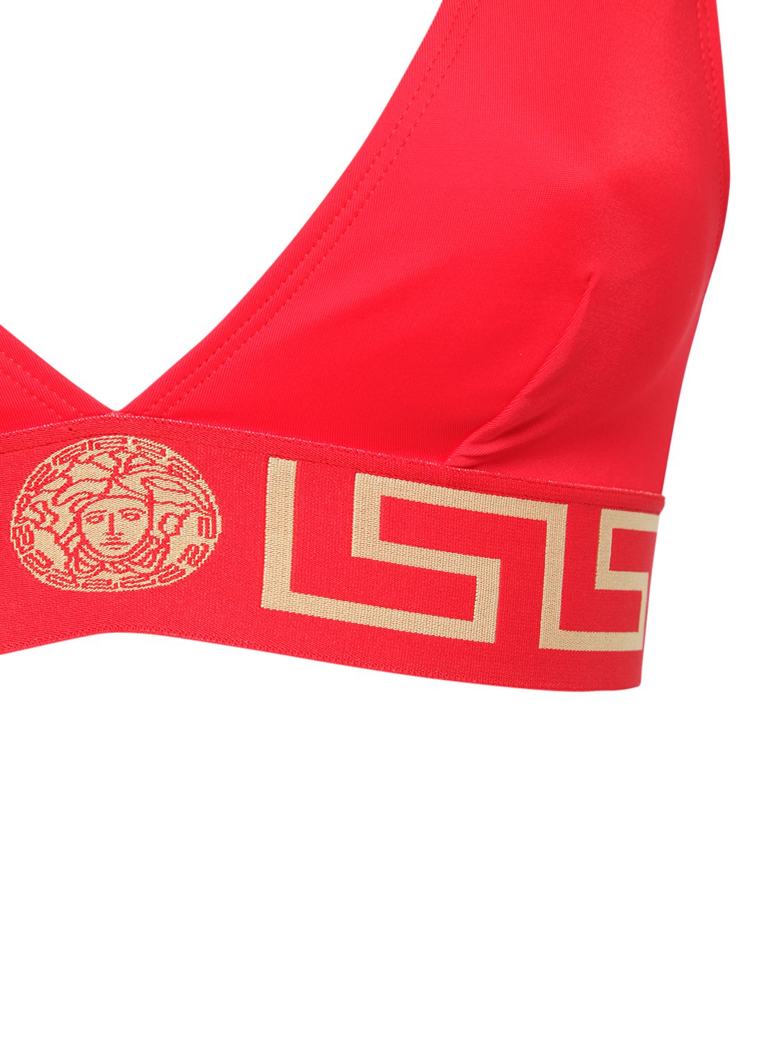 Shop Versace Triangle Bikini Top W/ Greek Motif In Red