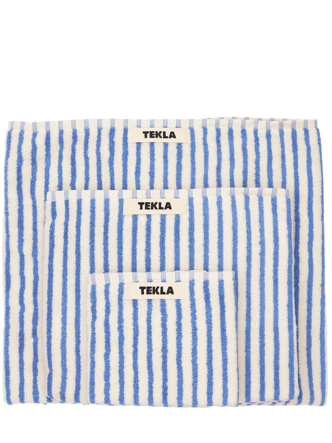 Tekla Set Of 3 Organic Cotton Towels In White,blue