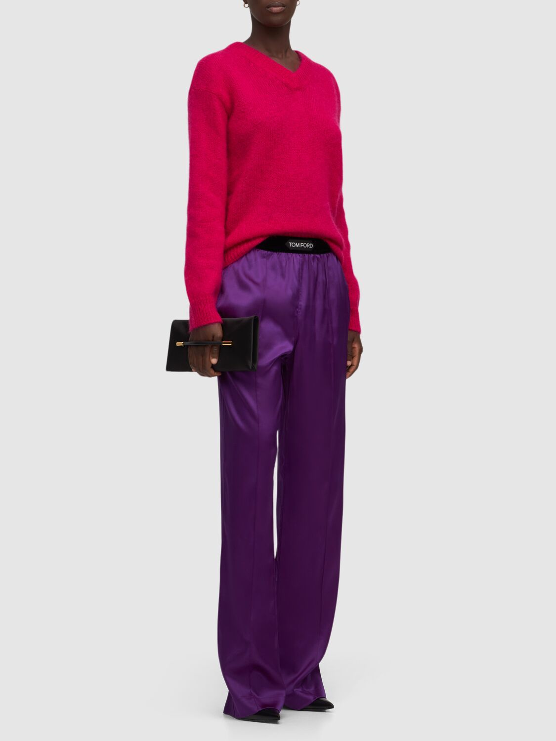 Tom Ford Velvet-trimmed Stretch-silk Satin Pants In Purple