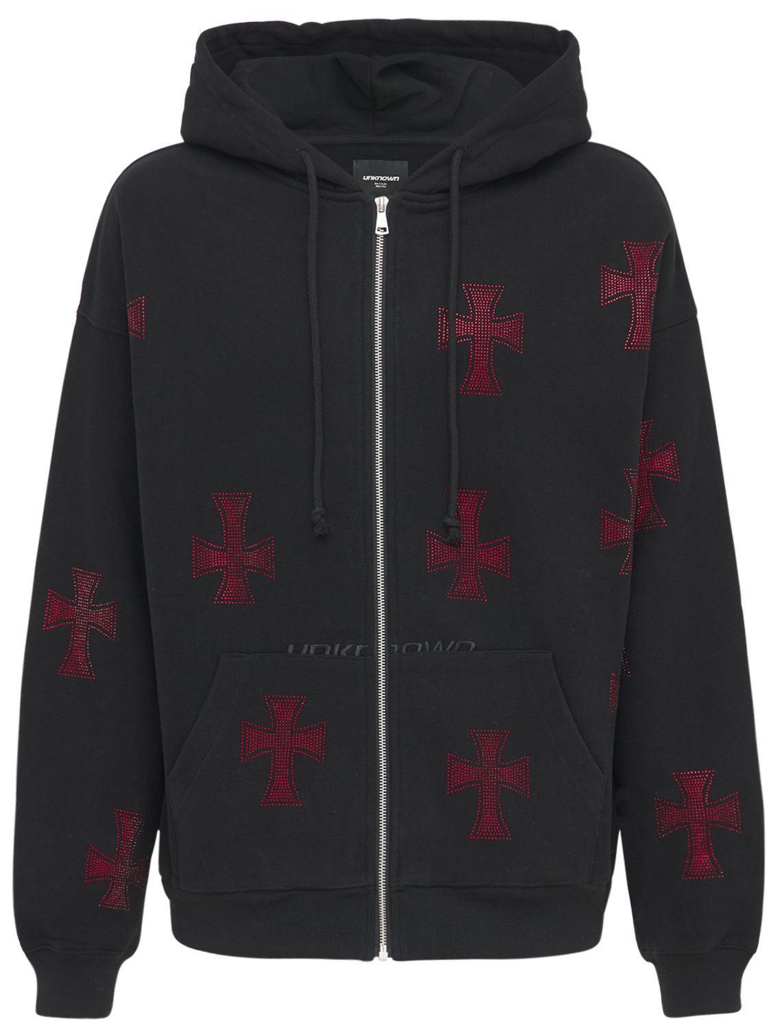 Unknown Crystal Cross Cotton Zip-up Hoodie In Black,red