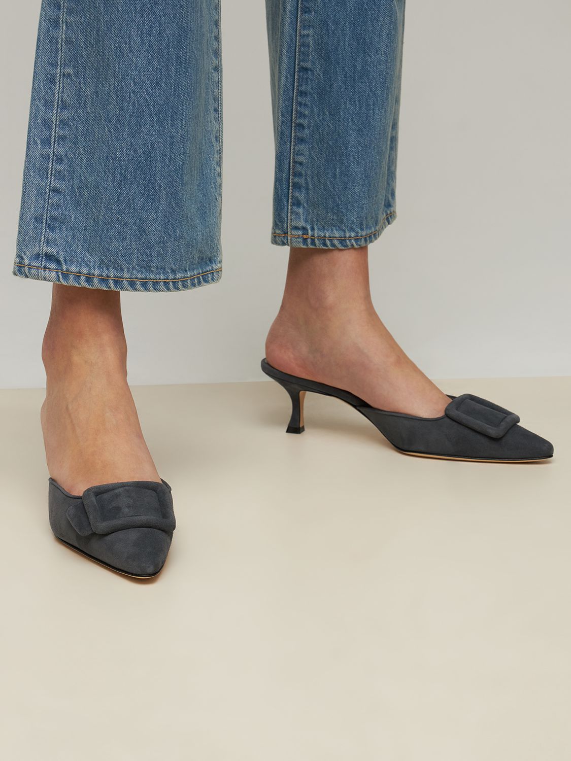 Shop Manolo Blahnik 50mm Maysale Suede Mules In Dark Grey