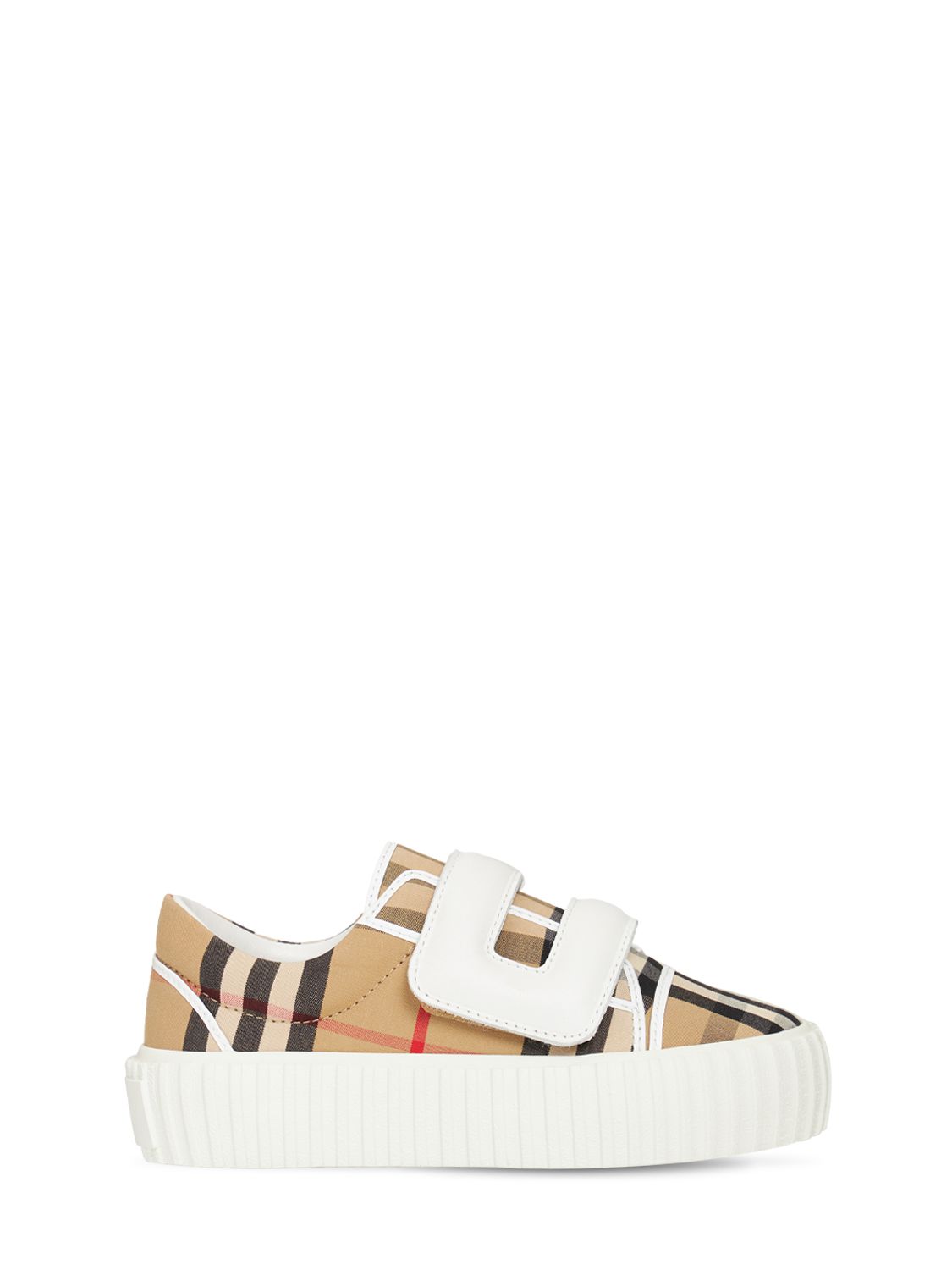 Burberry Kids' Check Print Cotton Strap Trainers In Beige