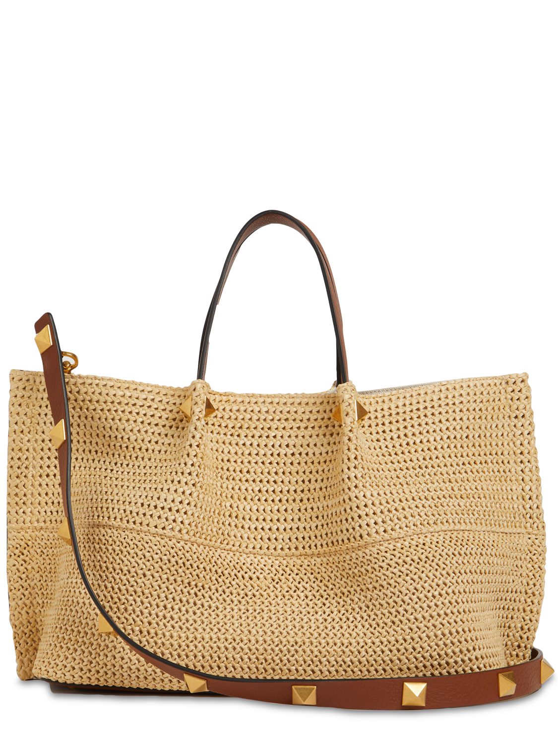 Shop Valentino Medium V Logo Viscose & Leather Tote Bag In Natural