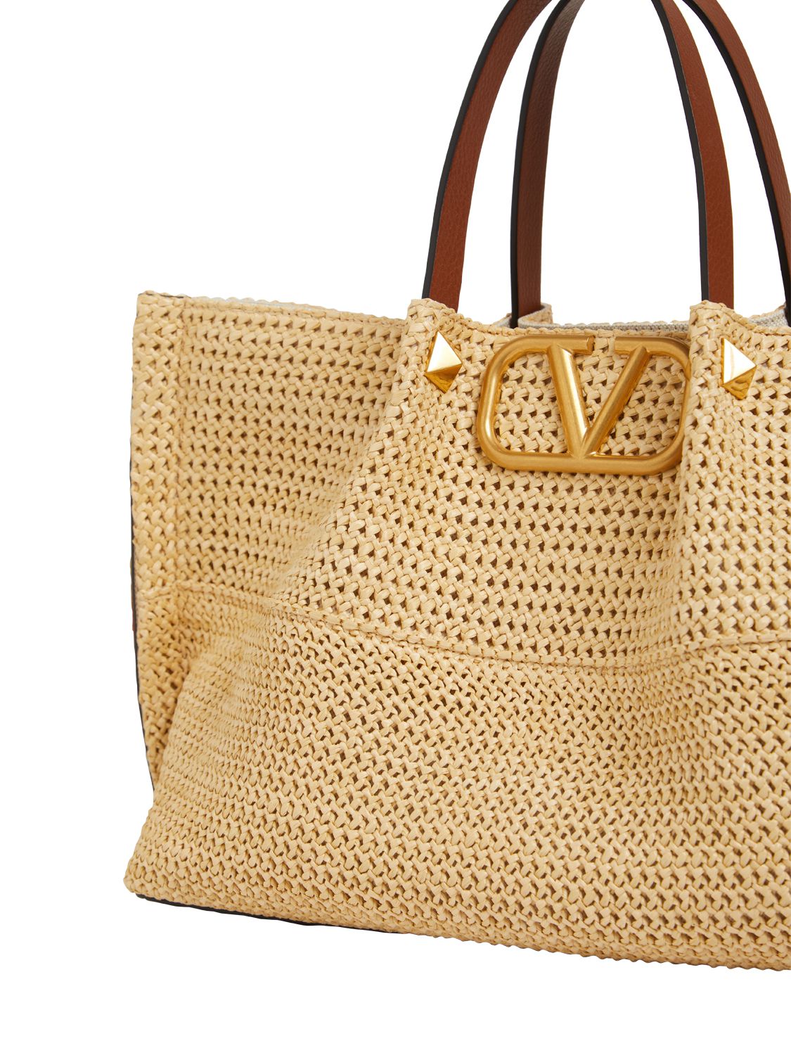 Shop Valentino Medium V Logo Viscose & Leather Tote Bag In Natural