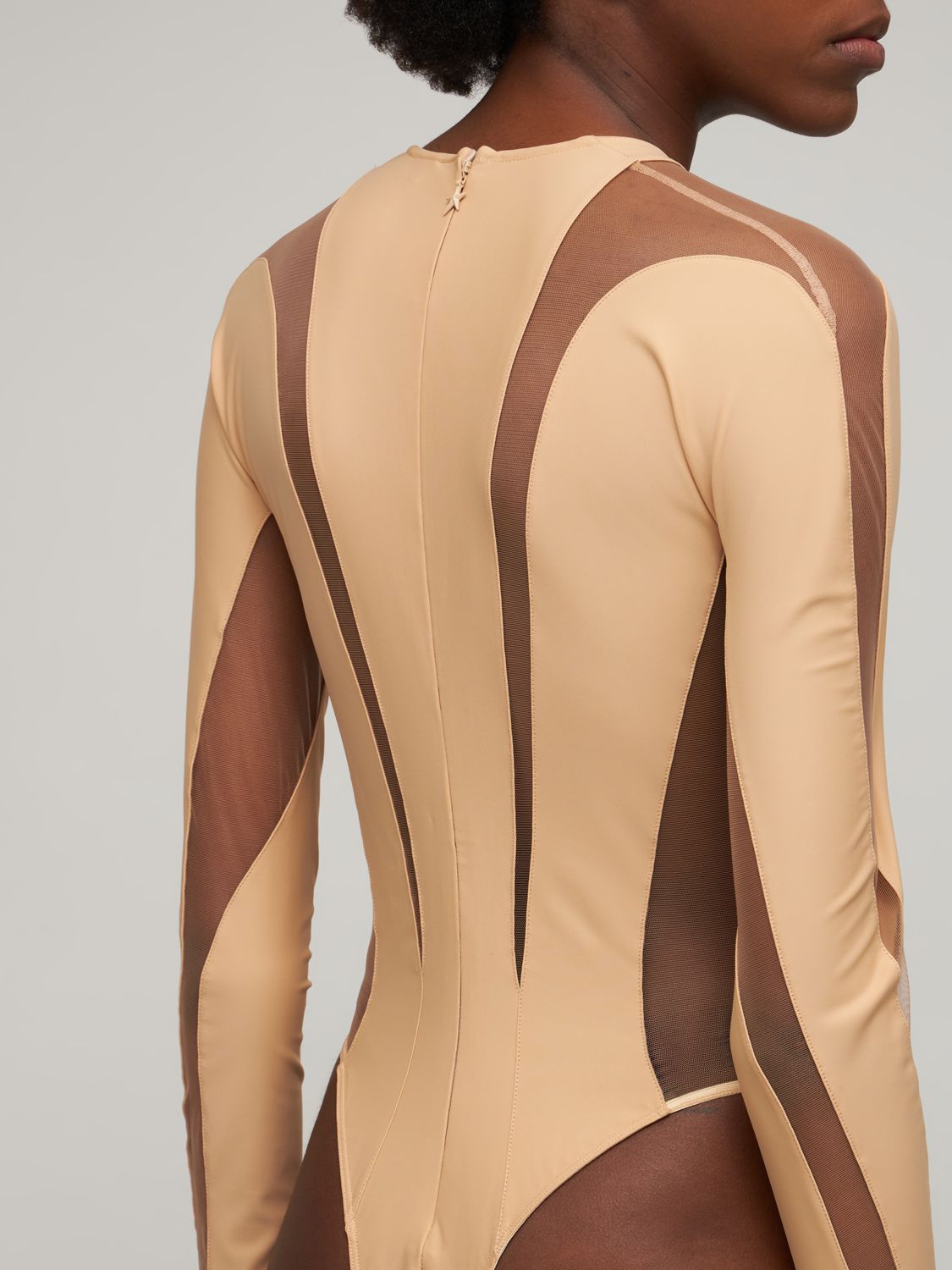 Mugler Lvr Exclusive Stretch Tech Bodysuit In Beige,nude