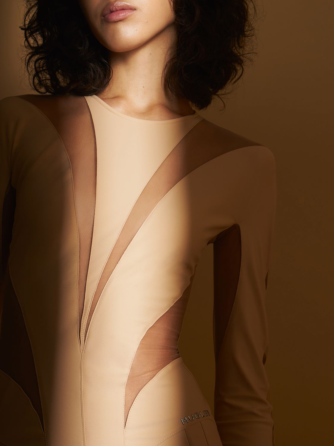 Mugler Lvr Exclusive Stretch Tech Bodysuit In Beige,nude
