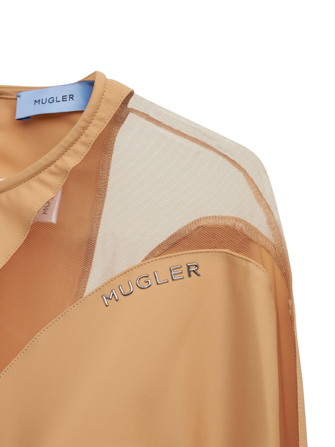 Mugler Lvr Exclusive Stretch Tech Bodysuit In Beige,nude