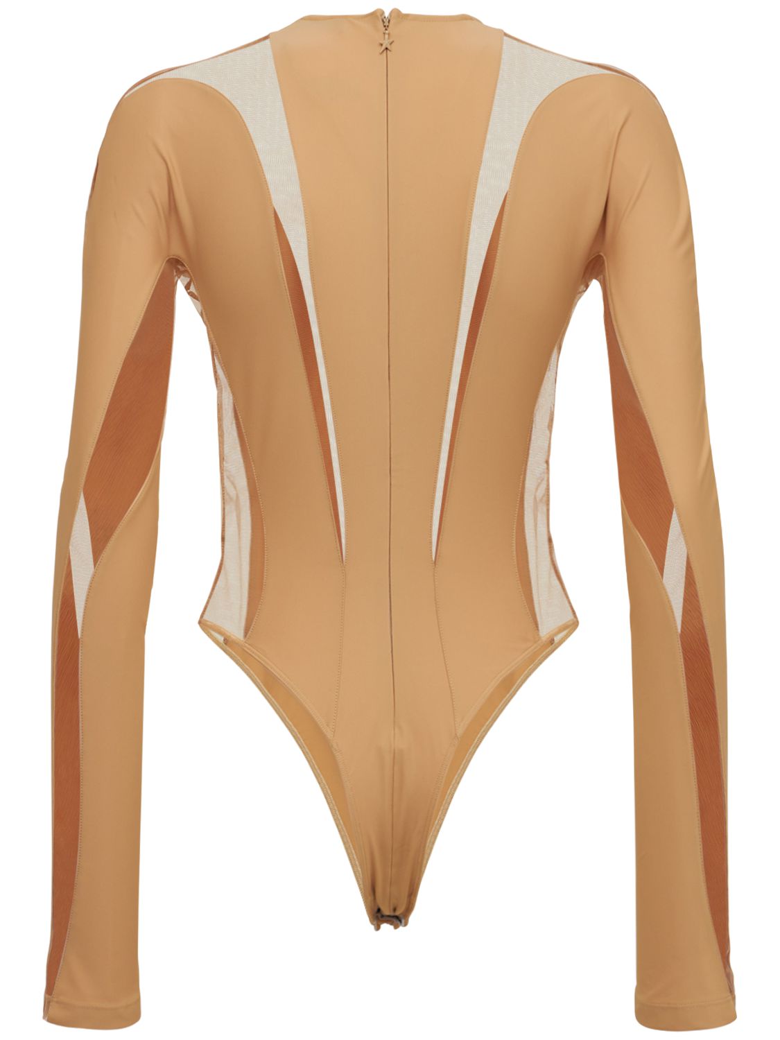 Mugler Lvr Exclusive Stretch Tech Bodysuit In Beige,nude