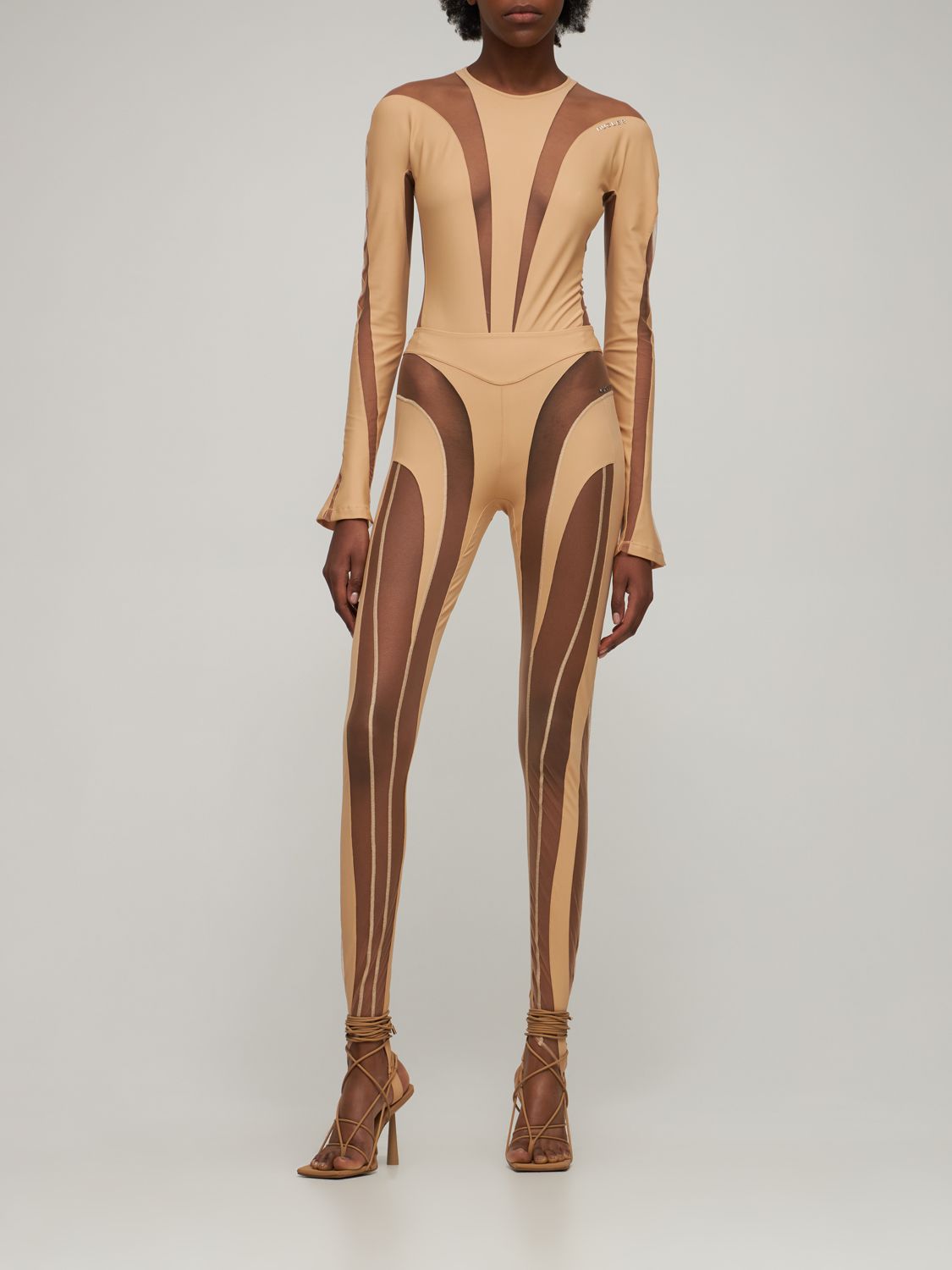 Mugler Lvr Exclusive Stretch Tech Bodysuit In Beige,nude