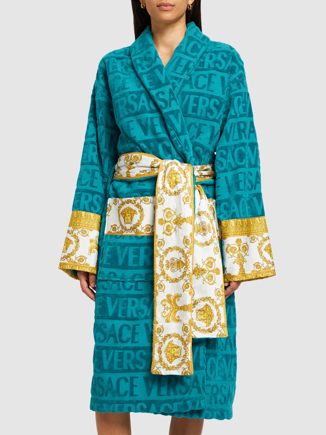 Versace Barocco & Robe Cotton Bathrobe In Capri Blue