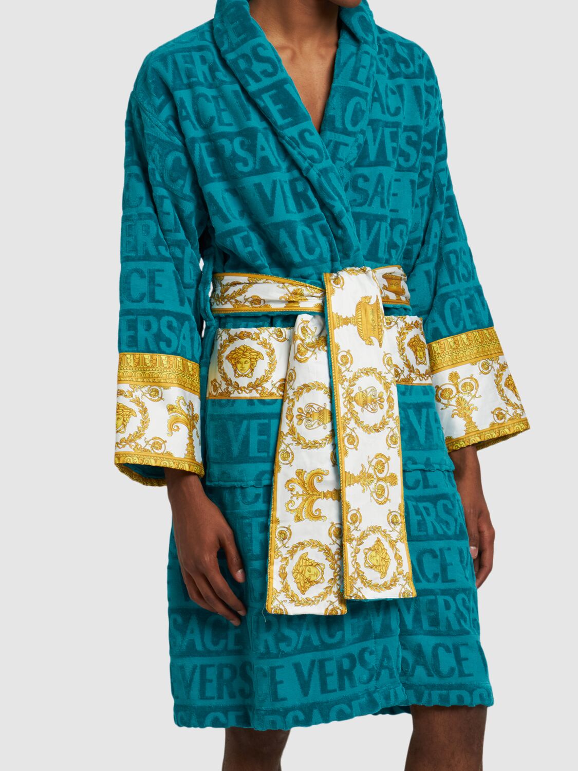 Versace Barocco & Robe Cotton Bathrobe In Capri Blue