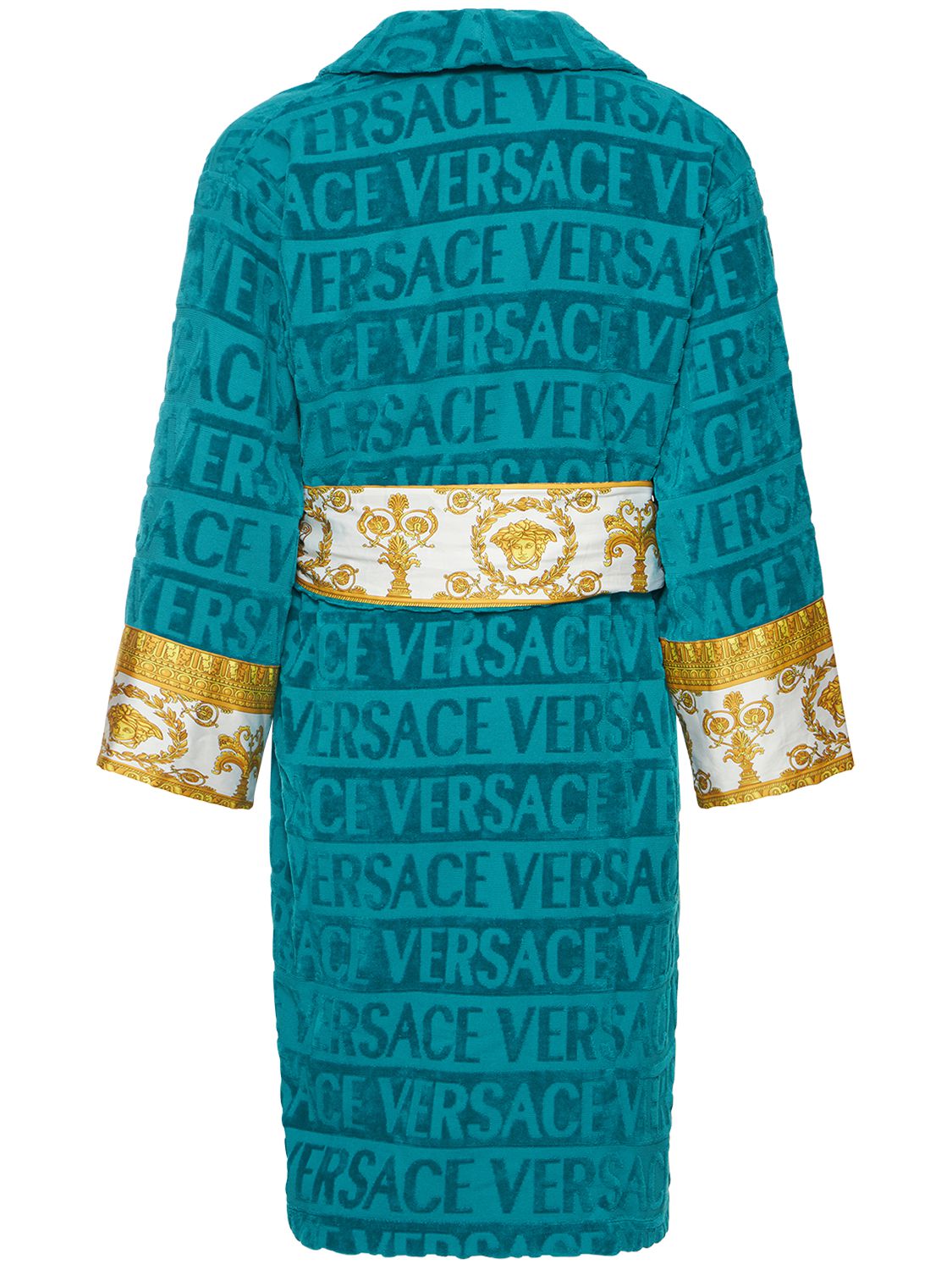 Versace Barocco & Robe Cotton Bathrobe In Capri Blue