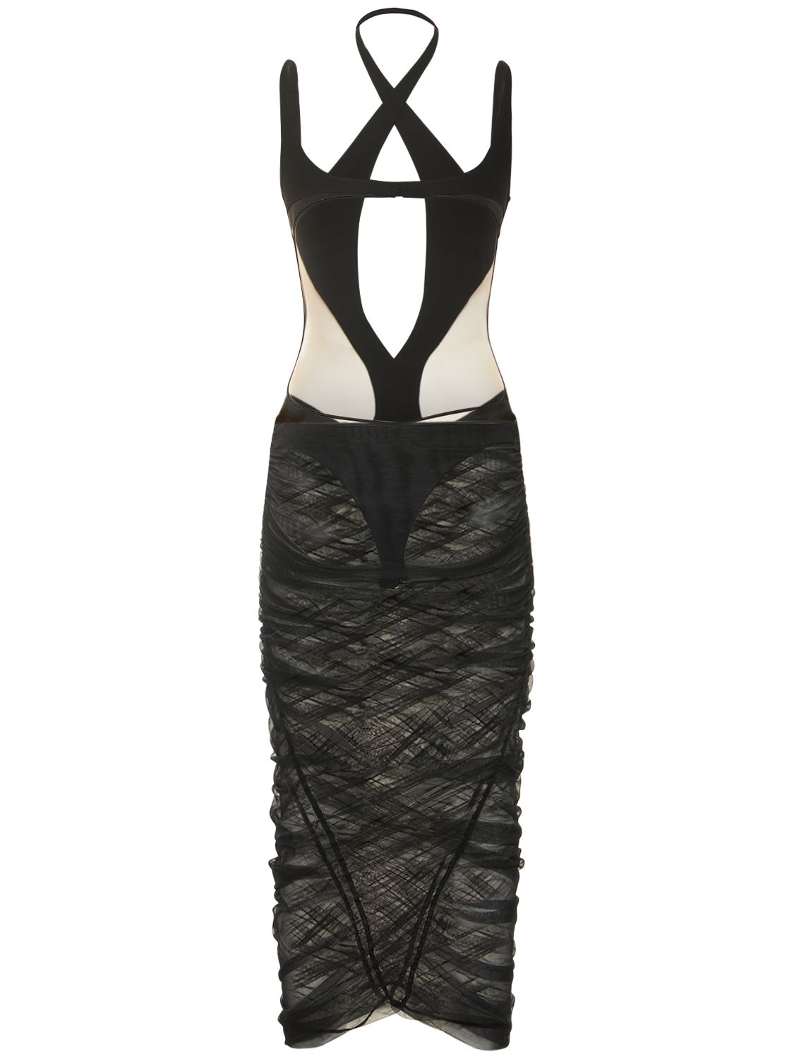 Shop Mugler Cutout Tulle Midi Dress In Black,nude