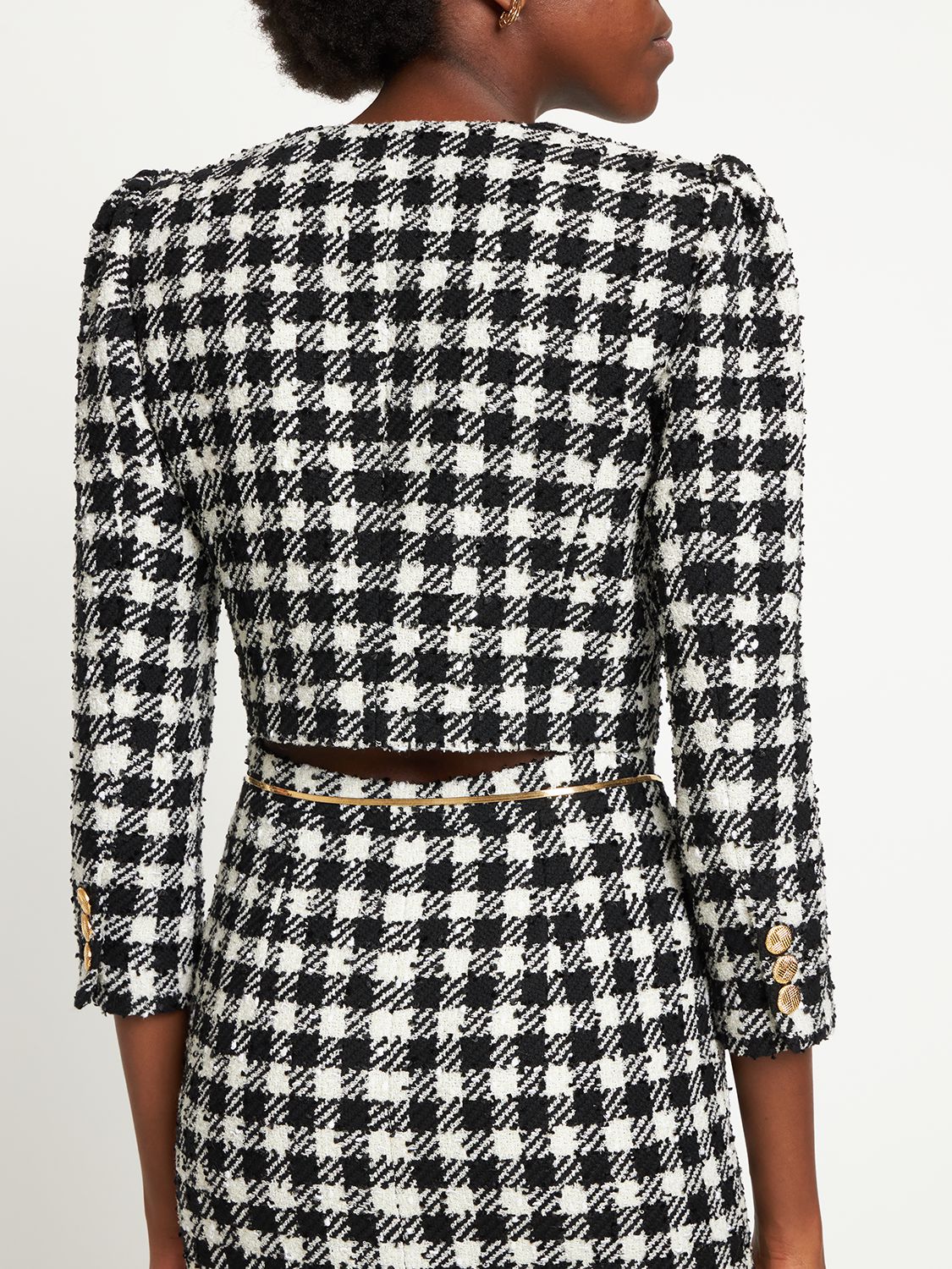 Alessandra Rich Cropped Houndstooth Wool-blend Tweed Jacket In Black,white
