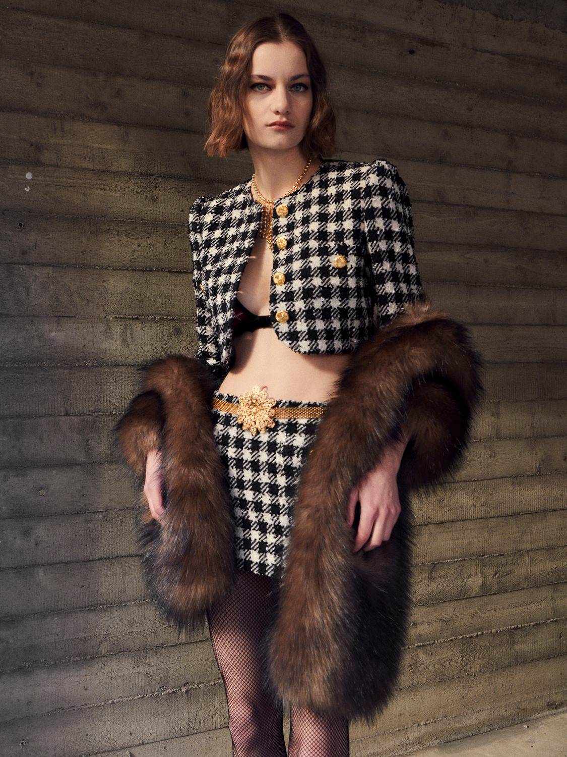 Alessandra Rich Cropped Houndstooth Wool-blend Tweed Jacket In Black,white