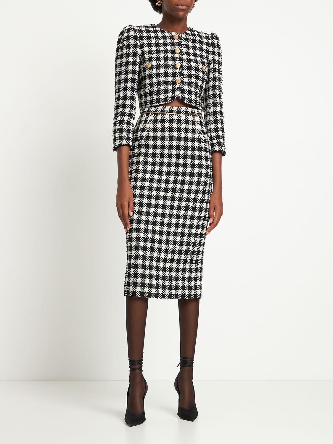 Alessandra Rich Cropped Houndstooth Wool-blend Tweed Jacket In Black,white
