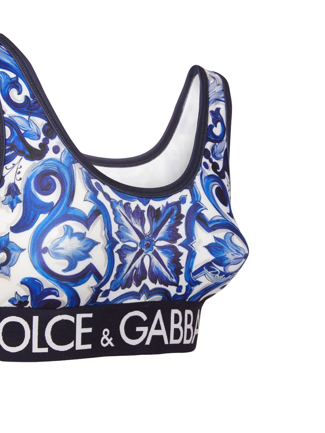 Dolce & Gabbana Logo Band Tile-print Lycra Bra Top In Blue,white