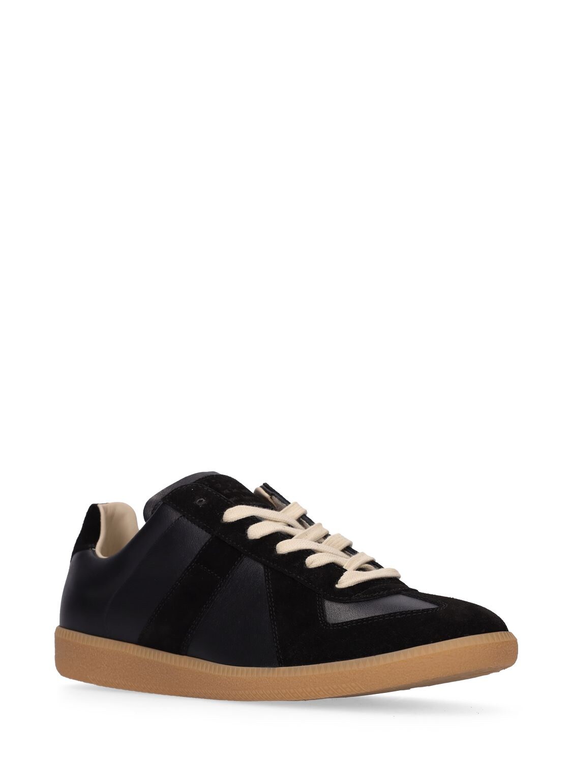 Shop Maison Margiela Replica Leather & Suede Low Top Sneakers In Black