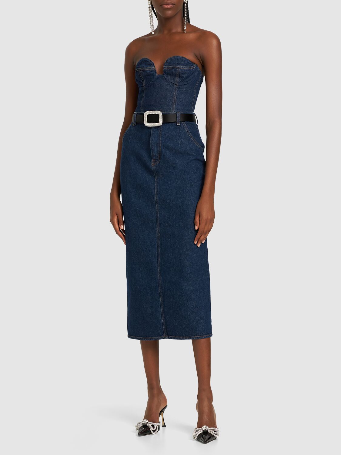 Shop Magda Butrym Cropped Cotton Denim Corset Top In Navy
