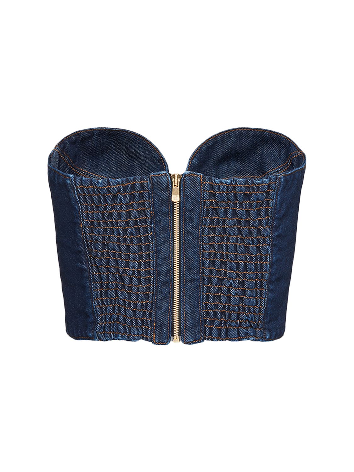 Shop Magda Butrym Cropped Cotton Denim Corset Top In Navy