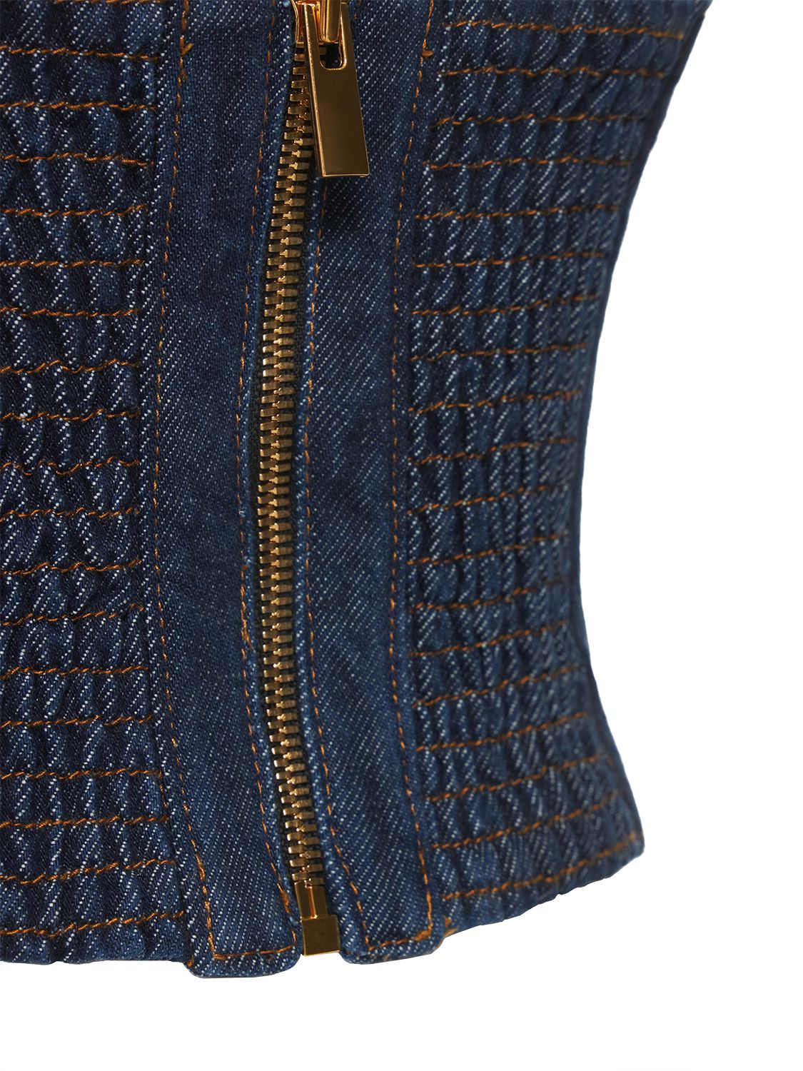 Shop Magda Butrym Cropped Cotton Denim Corset Top In Navy
