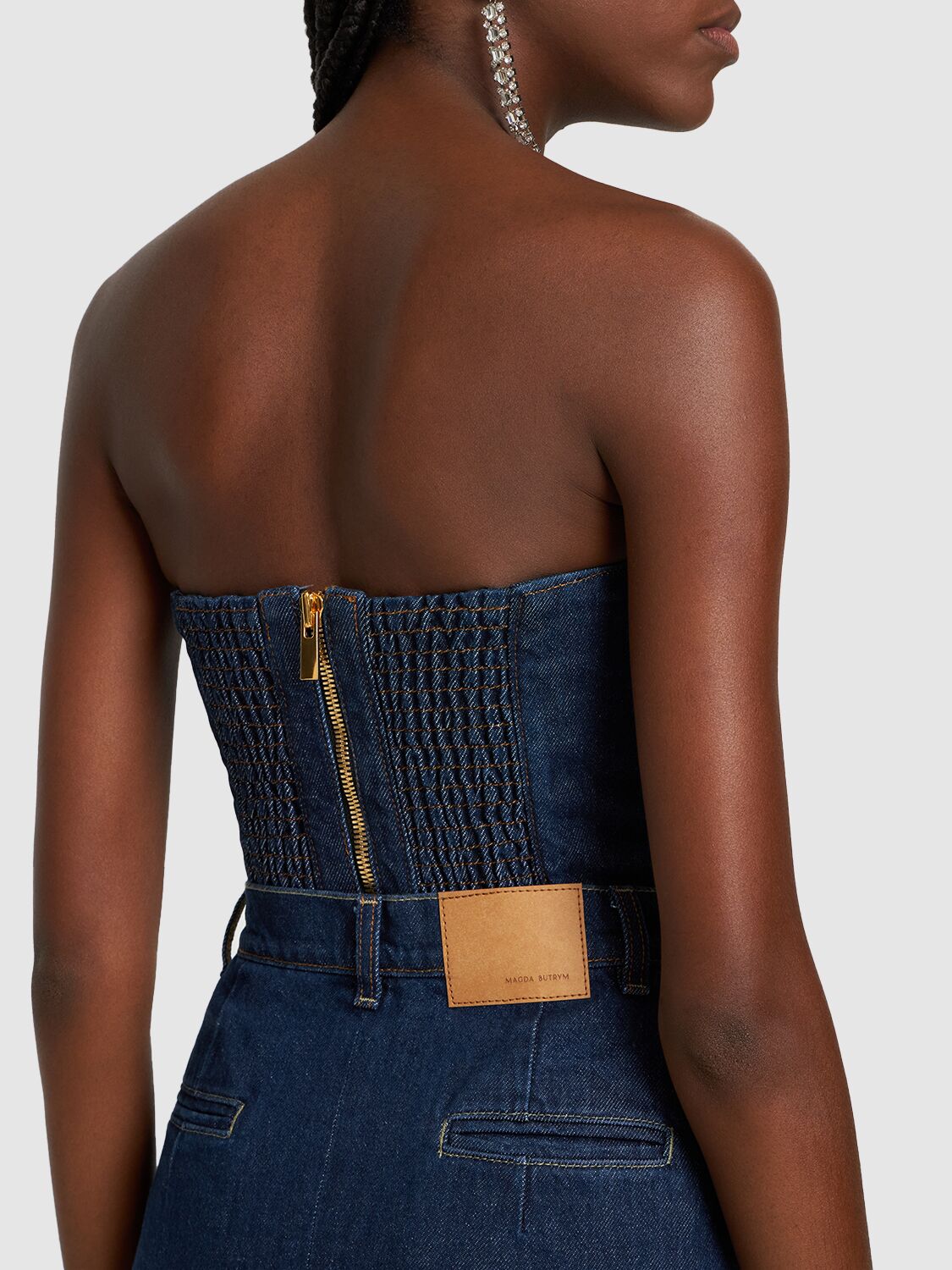 Shop Magda Butrym Cropped Cotton Denim Corset Top In Navy