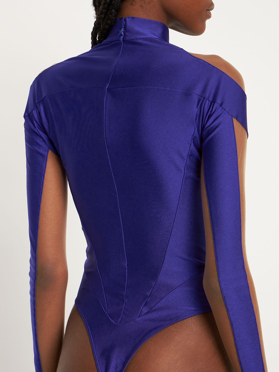 Women Mesh Bodysuit Navy Blue Leotard Turtleneck Tull Long Sleeve Top  Blouse