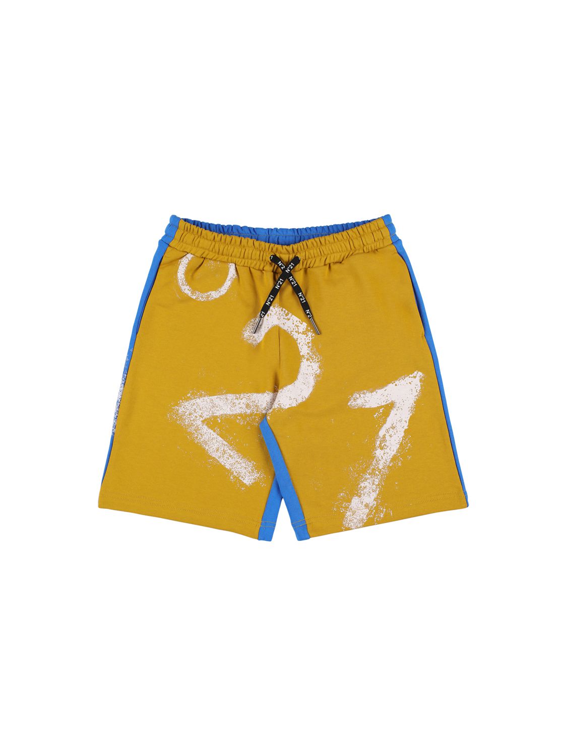 N°21 Two Tone Cotton Shorts W/ Logo In Senape,blue
