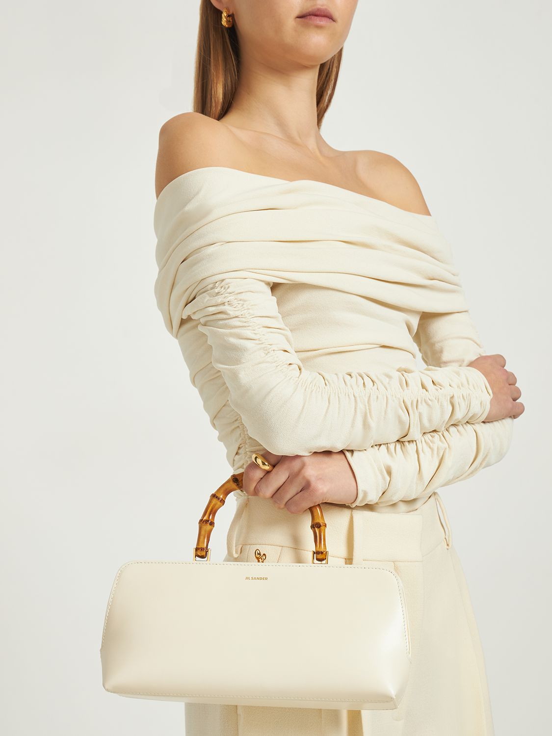 Shop Jil Sander Sm Goji Leather Top Handle Bag In Eggshell