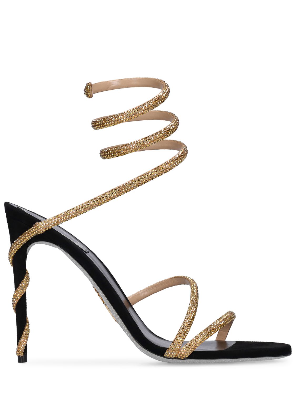 René Caovilla 105mm Satin & Crystal High Heel Sandals In Black,gold