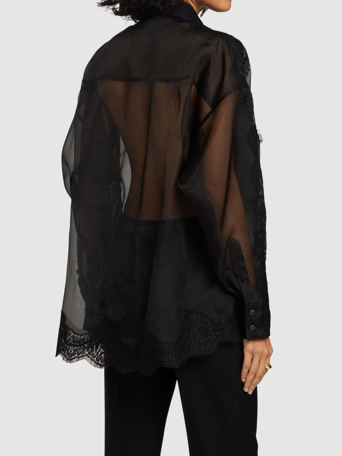 Dolce & Gabbana Organza Tuxedo Shirt With Lace Inserts In Black