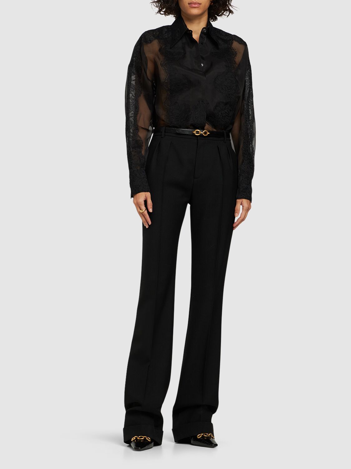 Dolce & Gabbana Organza Tuxedo Shirt With Lace Inserts In Black