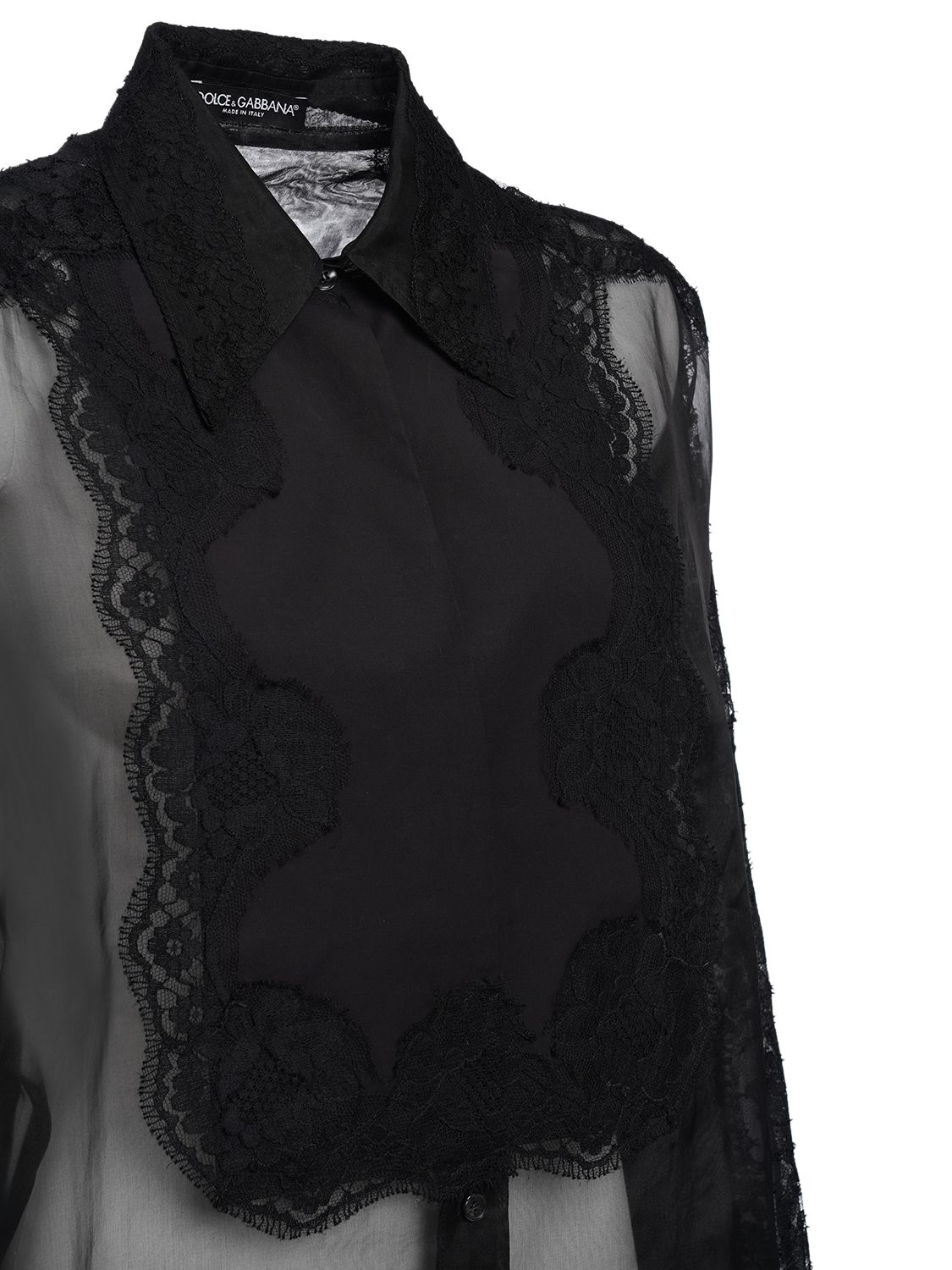 Dolce & Gabbana Organza Tuxedo Shirt With Lace Inserts In Black